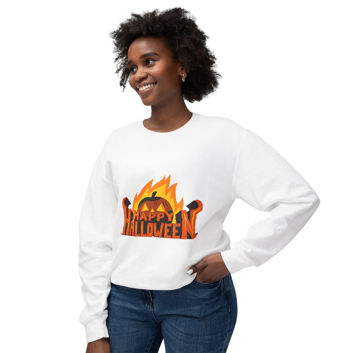 Happy Halloween Unisex Lightweight Crewneck Sweatshirt, Halloween Apparel, Fall Fashion, Cozy Sweater, Gift for Halloween Lovers