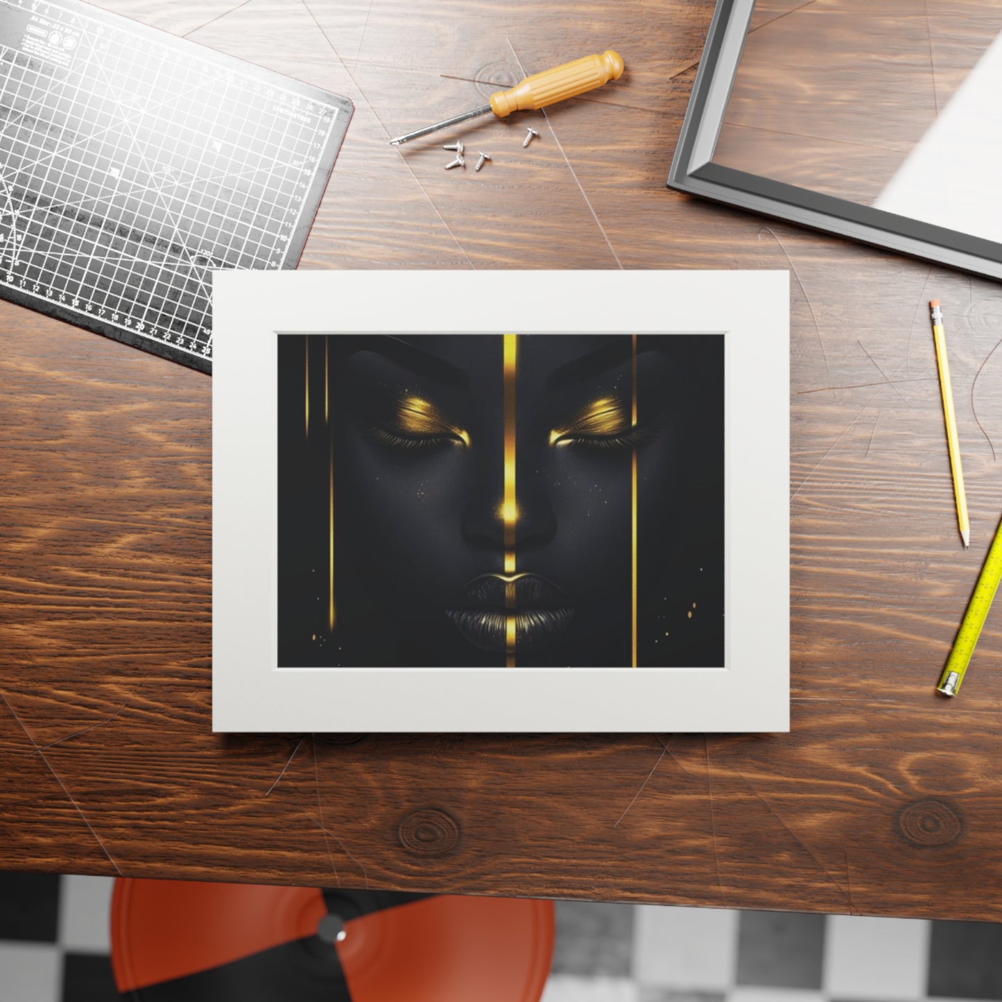 Elegant Fine Art Print with Passepartout Frame, Modern Wall Decor, Black and Gold Artwork, Gift for Home, Stylish Living Room
